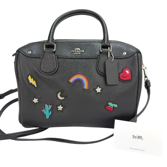 Coach Handbags - Coach Mini Bennett F25799 Black Leather Patch Rainbow Satchel Crossbody Bag EUC